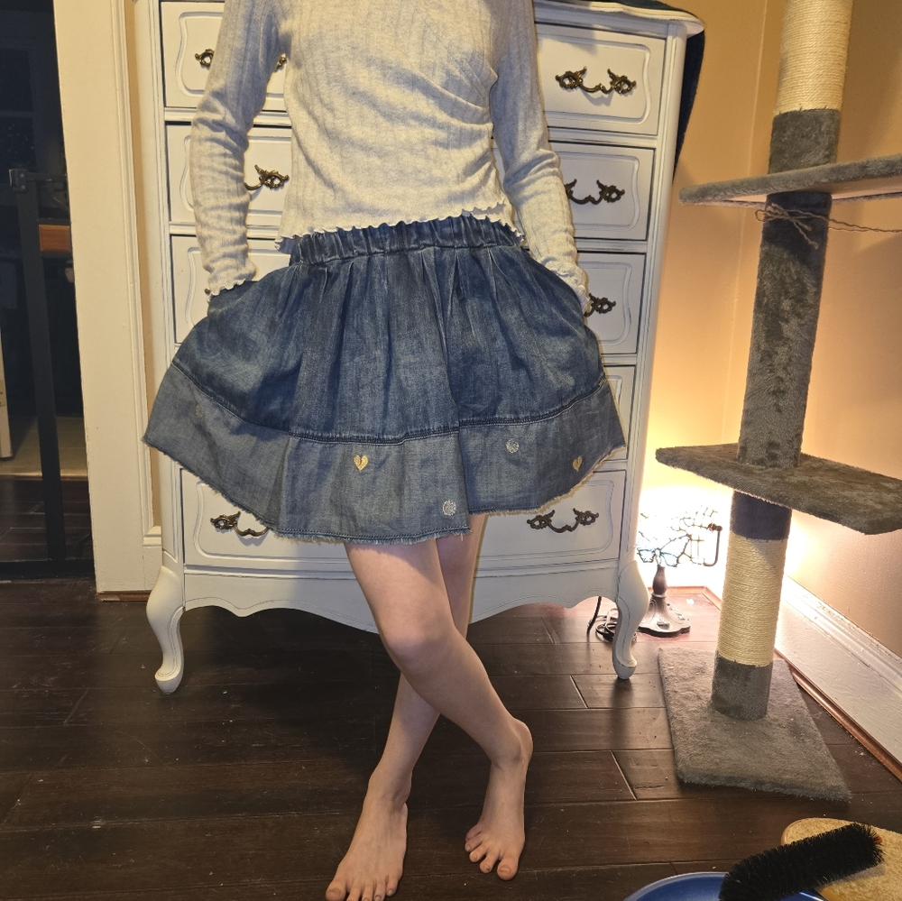 Fashion show NYC, DIESEL Kids Skirt 7Y Chambray Denim Metallic Thread Hearts